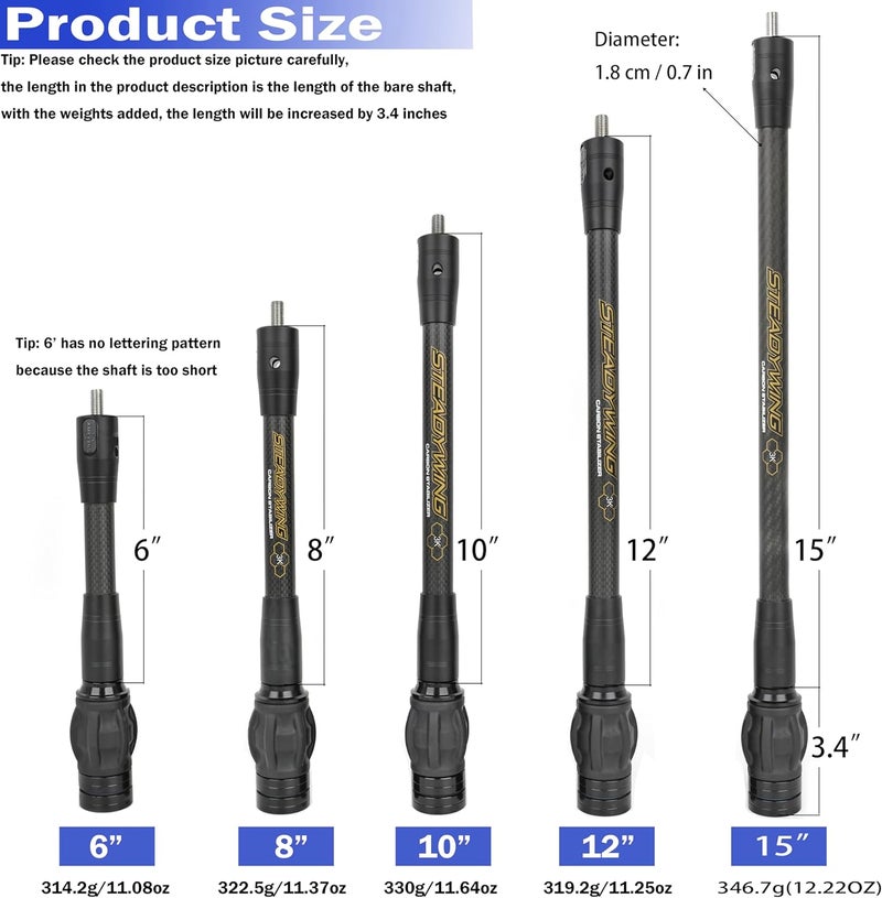 limaity Bow Stabilizer for Compound Bow 6" 8" 10" 12" 15" Archery 3k Carbon Balance Bar Absorber with Weights Absorption for Bow Hunting Shooting - Image 2